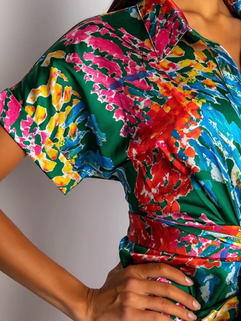 AKIRA Green Multicolor Tie-Waist Mini Shirt Dress - Picture 6 of 10